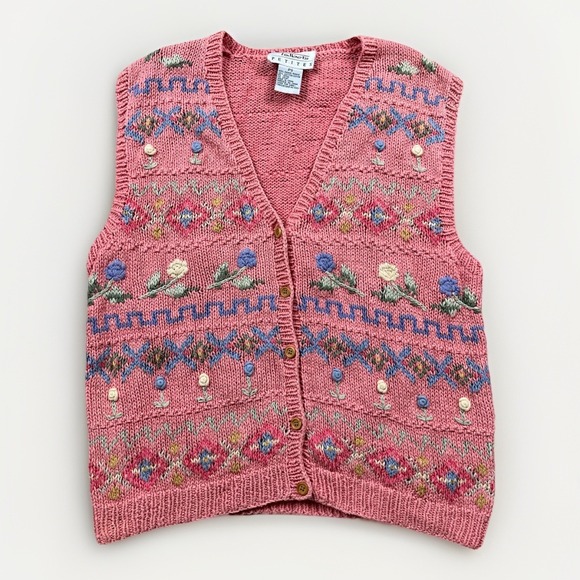Talbots Sweaters - Vintage Talbots Sweater Vest Womens Size PS Pink Floral Cottagecore Knit